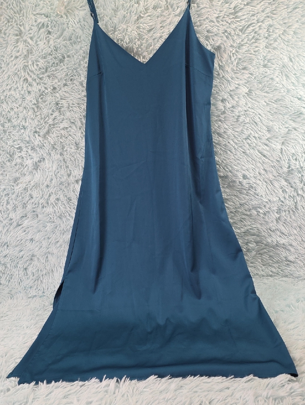 The Drop Blue Silk Satin V-Neck Slip Midi Dress